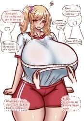 1female 1girls arms_at_sides big_breasts big_thighs blonde_hair blush breast_awe breasts breasts_bigger_than_head busty busty_female clothed clothing collarbone color_coded_text curvaceous curvy curvy_figure embarrassed english_text eyebrows eyebrows_visible_through_hair female female_focus genderswap_(mtf) gigantic_breasts hourglass_figure huge_breasts huge_thighs inconvenient_breasts large_breasts large_thighs light-skinned_female light_skin measurements measuring measuring_breasts measuring_tape medium_hair ponytail red_shorts rule_63 shirt shorts side_ponytail simple_background sport_shorts sportswear standing text thick_thighs thighs top_heavy top_heavy_breasts translated voluptuous voluptuous_female white_background white_shirt yellow_eyes zetsuhei_no_roran