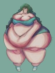 1girls askora belly boop chubby chubby_female fat fat_female fat_fetish fat_thighs female finger_to_face froppy green_hair huge_belly massive_thighs my_hero_academia thighs tsuyu_asui