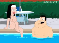 4_fingers 4_toes accurate_art_style american_dad black_eyes black_hair breasts dad daughter father gp375 hayley_smith headband naked necklace nipples nude one_leg_up open_mouth outdoor outdoors outside partially_submerged partially_visible_vulva pool poolside pussy sitting smile stan_smith tagme vagina