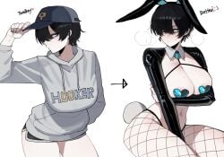 1girls absurd_res breasts bunny_ears bunny_tail bunnysuit cap female female_focus female_only fishnet_legwear fishnets heart-shaped_pupils hi_res large_breasts light-skinned_female light_skin mole mole_on_breast mole_under_eye navel_piercing original original_character pasties ratatatat74 reverse_bunnysuit short_hair short_shorts shorts solo sweater thick_thighs thighs tomboy white_background wide_hips