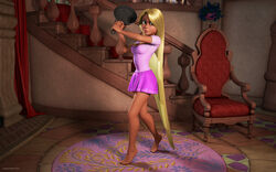 1girls 3d artist_name barefoot big_breasts blonde_hair busty chair cleavage clothing curvy detailed_background disney dress eyelashes feet female female_only front_view frying_pan green_eyes holding_object hourglass_figure human indoors inside kondaspeter long_hair looking_at_viewer pink_skirt pose posing princess rapunzel room royalty shadow skirt solo stairs standing tangled toes very_long_hair voluptuous wide_hips yellow_hair