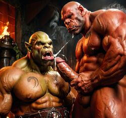 3d ai_generated bara big_muscle big_penis erection green_skin huge_cock male muscular_male orc orc_male orced penis red_skin