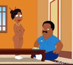 big_ass big_breasts cleveland_brown dark-skinned_male donna_tubbs earrings family_guy gold_necklace gp375 hair_stick japanese_hairstyle mustache necklace nude_female sitting socks tagme the_cleveland_show vagina