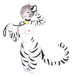 anthro bell breasts bust_portrait collar felid female furry hi_res invalid_tag kasscabel kinar knee_up leash licking licking_lips mammal nipples pantherine portrait pussy stripes tiger tongue tongue_out