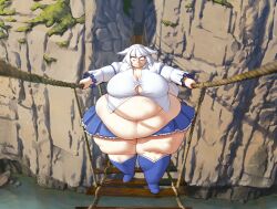 better_with_salt big_belly big_breasts big_thighs blue_eyes dangerous fat fox_ears fox_girl giant_belly loose_clothes mountain obese original_character outdoors overweight scared skirt sweat sweatdrop sweating thick_thighs thunder_thighs white_hair wide_hips