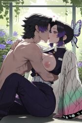 1boy 1girl ai_generated animal_print belt black_hair black_pants breasts bug butterfly butterfly_hair_ornament butterfly_print day demon_slayer flower gradient_hair hair_ornament half-closed_eyes haori heart hi_res high_quality high_resolution insect japanese_clothes kiss kochou_shinobu large_breasts looking_at_another multicolored_hair nipples outdoors pants patreon purple_eyes purple_hair seductive sexy shinobu_kocho short_hair sitting tree two-tone_hair uncensored uniform watermark wisteria