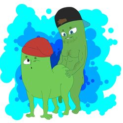 2boys anal ass blue_background blue_eyes brown_eyes brown_hair chest_hair cucumber gay green_skin hat male_only veggietales yaoi