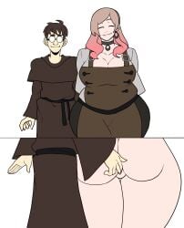 1boy 1girls 2d 2d_(artwork) age_difference apron ass bbw blonde_hair blowjob boner boner_under_clothes breasts cecilia_(luna_sanctus) choker dominant_male domination dressed edwin_(luna_sanctus) fantasy fat_ass fat_female female fingering fully_clothed functionally_nude functionally_nude_female glasses huge_breasts human_female human_male in_public luna_sanctus luna_sanctus_tactics milf nerd nerdy_male pervert pink_hair pussy skinny_male submissive_female twink ugly_bastard wet_pussy younger_male