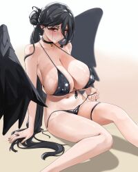 areola_slip bare_shoulders bikini black_bikini black_hair black_wings blue_archive blush breasts choker cleavage covered_erect_nipples feathered_wings female hair_between_eyes hair_bun halo hasumi_(blue_archive) hasumi_(swimsuit)_(blue_archive) highleg highleg_bikini highres huge_breasts justice_task_force_(blue_archive) long_hair looking_at_viewer navel noir_(4chan) ponytail red_eyes solo swimsuit thigh_strap thighs trinity_general_school_student very_long_hair wings