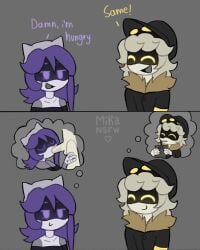 age_difference age_gap balls blowjob disassembly_drone glitch_productions imagining innocent innocent_expression mikansfw milf murder_drones n_(murder_drones) nori_(murder_drones) older_female pervert pervert_female purple_eyes purple_hair saliva sexual_thoughts straight thinking_about_another thinking_about_penis thinking_about_sex thought_bubble thoughts unsuspecting worker_drone yellow_eyes younger_male