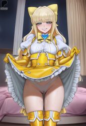 1girls ai_generated anticipation bangs blonde_female blonde_hair blonde_hair_female blue_eyes blush boots bowtie dress_lift excited eyebrows_raised eyebrows_visible_through_hair eyes_half_open facing_viewer female flashing_panties gem gloves highres holding_dress indoors inviting inviting_to_sex legs light-skinned_female light_skin long_hair looking_at_viewer magia_sulphur magical_girl magical_girl_outfit mahou_shoujo_ni_akogarete panties primosensei pussy_juice pussy_juice_drip pussy_visible_through_panties ribbon showing_off small_breasts smile smiling solo solo_female sweating teeth teeth_showing tenkawa_kaoruko thigh_boots thighhighs thighs wet_panties wet_pussy white_panties