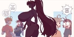 1boy 2girls amazon ass big_ass big_breasts breasts brother_complex dialogue female glasses huge_breasts jack_knight_(n647) long_hair male megan_james_(n647) n647 rose_drake_(n647) shadow side_view size_difference text thick_thighs walking