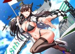 animal_ears atago_(azur_lane) atago_(stunning_speedster)_(azur_lane) azur_lane bikini black_bikini black_hair black_thighhighs blue_sky breasts brown_eyes cg checkered_flag cleavage cloud confetti day dog_ears extra_ears female flag hair_ribbon high_heels highleg highleg_bikini holding large_breasts long_hair looking_at_viewer mole mole_under_eye navel official_alternate_costume open_mouth outdoors race_queen shrug_(clothing) sky smile solo swept_bangs swimsuit thighhighs two-tone_bikini white_footwear white_ribbon wrist_cuffs yellow_eyes