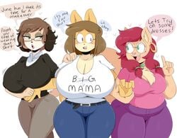 3girls :3 blue_eyes breasts brown_hair canine choker cindy_(nekocrispy) cleavage curvy diana_(noodle_lu) eyelashes female_only furry gigantic_breasts glasses green_eyes half-closed_eyes heart huge_ass huge_breasts jinu june_(jinu) milf original original_character original_characters pants shirt text thick_thighs twintails watermark wide_hips