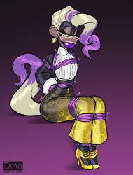 absurd_res anthro ball_gag bodily_fluids bondage bound clothing cuffs_(clothing) donkey_kong_(series) donkey_kong_bananza ear_piercing ear_ring eyebrow_piercing eyewear facial_piercing female footwear gag glasses gradient_background hi_res high_heels jamoart kong legwear mammal midriff nintendo pattern_clothing pattern_legwear piercing poppy_kong primate restraints ring_piercing rope rope_bondage shoes simple_background sitting solo sweat