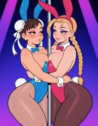 2girls absurdres ai_generated blush breast_press breasts bun_cover bunny_ears bunnysuit cammy_white chun-li collar curvy dancer double_bun earrings eyeshadow fishnet_pantyhose fishnets hug huge_ass huge_breasts jewelry large_ass large_breasts lipstick megazard nightclub nintendo pantyhose playboy_bunny pout round_breasts smile stage_lights street_fighter stripper stripper_pole thick_thighs twin_braids wide_hips yuri