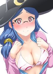 big_breasts blue_hair blush bra breasts clothed female_only glasses little_witch_academia red_eyes shiny_skin smiling ueyama_michirou ursula_callistis witch_hat