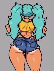 1girls ass back_dimples back_view behind_view blue_hair booty_shorts brazilian brazilian_female brazilian_miku bubble_butt butt_crack crop_top facing_away female female_focus female_only hatsune_miku jean_shorts looking_away necklace panties paradisevel solo solo_focus tan_body tanline thick_thighs thong twintails vocaloid