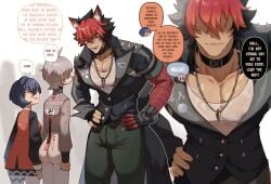 1girls 2boys animal_ears back_view belle_(delicate_sunlight)_(zenless_zone_zero) belle_(zenless_zone_zero) black_hair blue_hair brother_and_sister bulge choker clothed clothing dark_blue_hair dialogue earrings english_text female funny funny_face grey_hair hands_on_hips highres hoyoverse komano_manato male mihoyo muscular muscular_male official_alternate_costume pecs red_hair size_difference speech_bubble tan-skinned_male tan_body tan_skin thiccwithaq two_tone_hair white_background wise_(soaring_crane)_(zenless_zone_zero) wise_(zenless_zone_zero) zenless_zone_zero