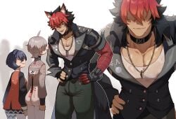 1girls 2boys animal_ears ass back_view belle_(delicate_sunlight)_(zenless_zone_zero) belle_(zenless_zone_zero) black_hair blue_hair brother_and_sister bulge choker clothed clothing earrings female funny funny_face grey_hair hands_on_hips hi_res hoyoverse komano_manato male mihoyo muscular muscular_male no_text_version official_alternate_costume pecs red_hair size_difference tan-skinned_male tan_body tan_skin thiccwithaq two_tone_hair white_background wise_(soaring_crane)_(zenless_zone_zero) wise_(zenless_zone_zero) zenless_zone_zero