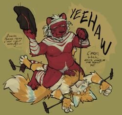 absurd_res anal anal_sex anthro asphyxiation big_dom_small_sub bound breath_play canid canine clothing cowboy_hat cowgirl_position digital_media_(artwork) dominant duo felid feline fox from_front_position hat headgear headwear hi_res male male/male male_penetrated male_penetrating male_penetrating_male mammal on_bottom on_top openfracturesday penetration power_bottom sex size_difference small_top_big_bottom