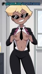 1female 1girls 2025 2d agent_two ai ai_generated anime anime_style black_suit blonde_female blonde_hair blonde_hair_female dark-skinned_female dark_skin female female_focus female_only flashing flashing_at_viewer flashing_breasts formal formal_clothes grin grinding helluva_boss looking_at_viewer seramic_seven short_hair solo solo_female solo_focus suit suit_and_tie sunglasses teeth uncensored uncensored_breasts uncensored_nipples