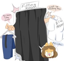 1girls brown_hair closed_eyes crying fitting_room furry jeans jinu june_(jinu) milf text text_bubble white_background