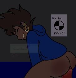 1boy anal anal_penetration big_ass biting_lip blue_hoodie blushing brown_hair bumpy_dildo dark-skinned_male dark_room dildo dildo_in_ass earrings eddsworld expiredwmbag eyes_closed fat_ass gay half_naked hoodie hoodie_only lazy_background lip_biting request riding_dildo sex_toy sharp_teeth spikey_hair tom_(eddsworld) watermark