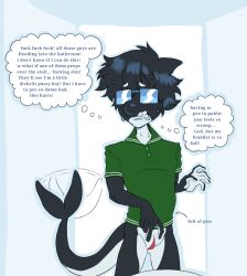 1boy 1male anxious anxious_male bathroom bathroom_stall black_body black_skin bladder_bulge bladder_shy blue_background cant_pee cetacean cetacean_genitalia cetacean_penis cetacean_tail digital_drawing_(artwork) digital_media digital_media_(artwork) flaccid full_of_pee full_of_piss getting_nervous glasses gritting_teeth imminent_exposure male male_focus male_only mr_shrink nervous_male orca orca_boy orca_genitalia orca_tail peeing_standing_up scared sharp_teeth shy shy_male slit slit_penis solo_focus square_glasses sweat sweatdrop sweating two_tone_body unable_to_pee unable_to_piss unseen_character unsure white_markings