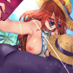 1boy 1girls blue-tinted_eyewear breasts breasts_out cellphone league_of_legends looking_over_eyewear looking_over_glasses looking_over_sunglasses mundo_(league_of_legends) nipples pd pool_party_miss_fortune pool_party_mundo pool_party_series riot_games sarah_fortune selfie solo sunglasses sweat swimsuit tinted_eyewear