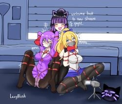 3girls arms_behind_back blonde_hair blue_eyes bondage bound bound_ankles bound_arms bound_legs camera crotch_rope embarrassed english_text female female_only femsub frogtie fully_clothed gag gagged lazyblush miniskirt open_mouth pantyhose png purple_clothing purple_hair rope skirt tape tape_gag text
