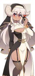 1girls blush cleavage_cutout commission female female_only garter_straps hi_res horns humanoid j5daigada light_brown_skin long_hair looking_at_viewer nun nun_hat nun_outfit red_eyes small_breasts smiling smiling_at_viewer solo stockings white_hair wide_hips