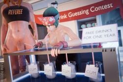 1futa 1girls 3d 3d_(artwork) artist_name blizzard_entertainment brigitte drinking drinking_cum english_text female futanari kiriko_(overwatch) overwatch piroguh standing straw twitter_link watermark