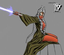 alien breasts center_opening cleavage clothing colored_skin energy_sword female holding large_breasts lightdeity lightsaber long_hair looking_at_viewer medium_breasts open_robe orange_skin red_skin robe seiza shaak_ti sitting solo star_wars sword tentacle_hair togruta weapon white_hair