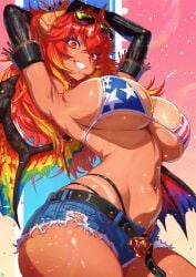 absurdres american_flag american_flag_bikini american_flag_print arms_behind_back arms_up belt bikini black_belt blue_bikini blue_shorts breasts closed_mouth dragon_girl dragon_horns dragon_wings eyewear_on_head female flag_print flag_print_bikini former_vshojo highres horns indie_virtual_youtuber large_breasts long_hair momoyama_tits multicolored_bikini navel print_bikini red_bikini red_hair shorts smile solo star_print_bikini sunglasses swimsuit tan twitch twitch.tv twitter two-tone_bikini underboob virtual_youtuber vshojo wings yellow_eyes youtube youtuber youtuber_girl youtubers zentreya zentreya_(cowboy_bikini) zentreya_(dragon)
