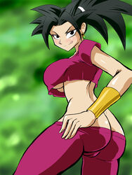 1girls armband ass ass_cleavage black_eyes blush bracelet breasts busty butt_crack cameltoe cleavage crop_top darm_engine dragon_ball dragon_ball_super earrings female female_only from_below fully_clothed green_sky high_ponytail hip hips hourglass_figure jewelry kefla large_ass large_breasts licking_lips pants pants_pull parted_bangs ponytail potara_earrings saiyan seductive_smile smile solo spiked_hair spiky_hair standing thick_thighs underboob undressing vambraces voluptuous