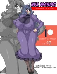 1girls 2018 ahoge areolae bavarell big_nipples blush breasts busty clothed clothes dress female_only hands_on_hips hex_maniac hotdreamer11 huge_ass huge_breasts human long_hair looking_at_viewer nintendo pantyhose pokemon pokemon_xy purple_eyes purple_hair shoes smile standing teeth text thick_thighs watermark white_background wide_hips zoom_layer