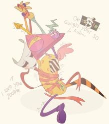 behind_another female_only futa_on_female gangle_(the_amazing_digital_circus) gay handjob pleasure_face ribbon_bondage shaking speech_bubble tentacle_dick wings yuri zooble_(the_amazing_digital_circus)