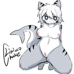 big_breasts blue_eyes blush breasts changed_(video_game) female fish genitals hair hi_res humanoid lixiaochake mammal marine nipples nude requiem_shark shark simple_background solo tiger_shark vulva white_body white_hair