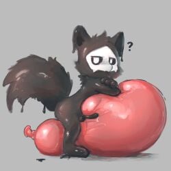 absurd_res anthro badipoki balloon balloon_fetish black_body black_fur bodily_fluids changed_(video_game) crossed_arms cum duo fur genital_fluids genitals hi_res inflatable knot knotted_penis latex leaning leaning_forward liquid_latex male penis puro_(changed) question_mark red_balloon solo tail