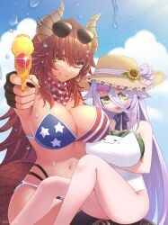 2girls american_flag american_flag_bikini american_flag_print bikini black_gloves blue_bikini blue_sky breasts closed_mouth cloud dragon_girl dragon_horns dragon_tail eyewear_on_head fingerless_gloves flag_print flag_print_bikini food former_vshojo fruit gloves grey_hair hair_between_eyes hair_flaps hat henya_the_genius henya_the_genius_(summer) highres holding holding_water_gun horns indie_virtual_youtuber large_breasts long_bangs long_hair looking_at_viewer multicolored_bikini multiple_girls navel nekoyanagi_reo one-piece_swimsuit print_bikini red_bikini red_hair sky small_breasts smile straw_hat sunglasses swimsuit tail tongue tongue_out twitch twitch.tv twitter two-tone_bikini very_long_hair virtual_youtuber vshojo water water_gun watermelon wet white_one-piece_swimsuit yellow_eyes youtube youtuber youtuber_girl youtubers zentreya zentreya_(cowboy_bikini) zentreya_(dragon)