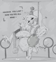 absurd_res anthro badartist balls big_balls big_penis bodily_fluids bottomwear bulge bunzo_bunny clothing cock_vore cum cum_on_penis cum_vore digestion duo forced genital_fluids genitals hi_res male male_pred mob_entertainment pants penile penis poppy_playtime struggling struggling_prey unwilling_prey vore