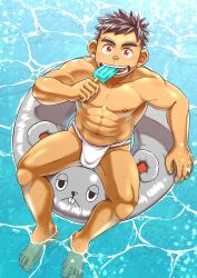 1boy abs animal_print balls_under_clothes big_areola big_eyes blush_lines brown_hair bulge bulge_through_clothing eating erect_nipples feet feet_in_water flaccid food freckles freckles_on_face full_body fundoshi fundoshi_only gay hi_res holding_object legs_apart male male_only mature_male mknskhnbs mouse muscles muscular muscular_arms muscular_legs muscular_male muscular_thighs navel no_body_hair orange_eyes original original_character pecs pool popsicle popsicle_in_mouth quadriceps rokushaku_fundoshi round_eyes short_hair sitting six_pack solo spiky_hair spread_legs summer swim_ring thick_eyebrows toes wet wet_body white_fundoshi yaoi young