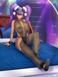 1girls almost_naked almost_nude bed black_clothing blush clothing cosplay green_eyes hair_over_one_eye huge_breasts layer long_hair mega_man mega_man_x purple_hair robarts_hallway robot_girl star_wars without_bra