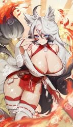 alternate_hair_color animal_ear_fluff animal_ears blue_eyes breasts cleavage closed_mouth collarbone facial_mark female fire former_vshojo hair_between_eyes highres holding holding_paintbrush indie_virtual_youtuber large_breasts long_hair paintbrush red_nails silvervale smile solo tail tassel thighhighs twitch twitch.tv twitter virtual_youtuber vshojo watermark white_thighhighs wolf_ears wolf_girl wolf_tail yoclesh youtube youtuber youtuber_girl youtubers