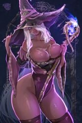 bare_shoulders breasts cg cleavage collarbone contrapposto cum cum_on_body cum_on_breasts dark-skinned_female dark_skin elden_ring elden_ring_nightreign female glowing hair_over_one_eye hat highleg holding holding_staff large_breasts leotard lips long_hair looking_at_viewer parted_lips prywinko purple_eyes purple_thighhighs recluse_(nightreign) skindentation smile solo staff sweat thighhighs thighs torn_clothes very_long_hair white_hair wide_sleeves witch witch_hat