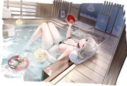 alcohol azur_lane bare_arms bare_legs bare_shoulders barefoot bathing bikini black_bikini black_choker blue_eyes blush breasts cg choker cleavage collarbone cup dango denver_(azur_lane) denver_(steam_dream)_(azur_lane) female food grey_hair hair_bun halterneck holding holding_cup indoors knees_up large_breasts long_hair looking_at_viewer navel one_eye_closed onsen parted_lips partially_submerged petals petals_on_liquid plate sakazuki sake sanshoku_dango sitting solo stomach string_bikini swimsuit thighs tray wagashi water wet wooden_floor