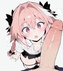 ai_generated astolfo_(fate) blush cock_worship fate_(series) femboy huge_cock kneeling large_penis looking_at_penis meupfem open_mouth sissy small_penis veiny_penis
