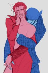 archie_(pokemon) bite_marks biting biting_shoulder bottomless covering_mouth gay groping groping_from_behind hands_on_thighs male_only maxie_(pokemon) monocolored no_visible_genitalia pokemon pokemon_rse team_aqua team_magma undressing