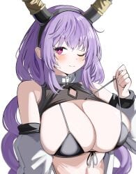 arknights blush embarrassed huge_breasts one_eye_closed pulling_bikini_string ribs sweatdrop typhon_(arknights) upper_body